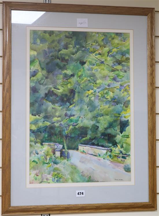 Stewart Lowdon (1932-) Bridge through woodland 21.5 x 14.5in.